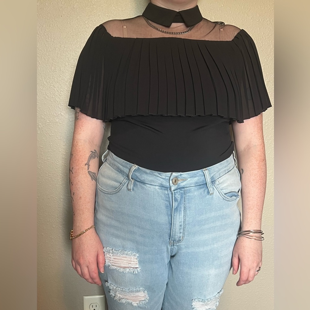 For Cynthia Black Pleated Off-Shoulder Blouse